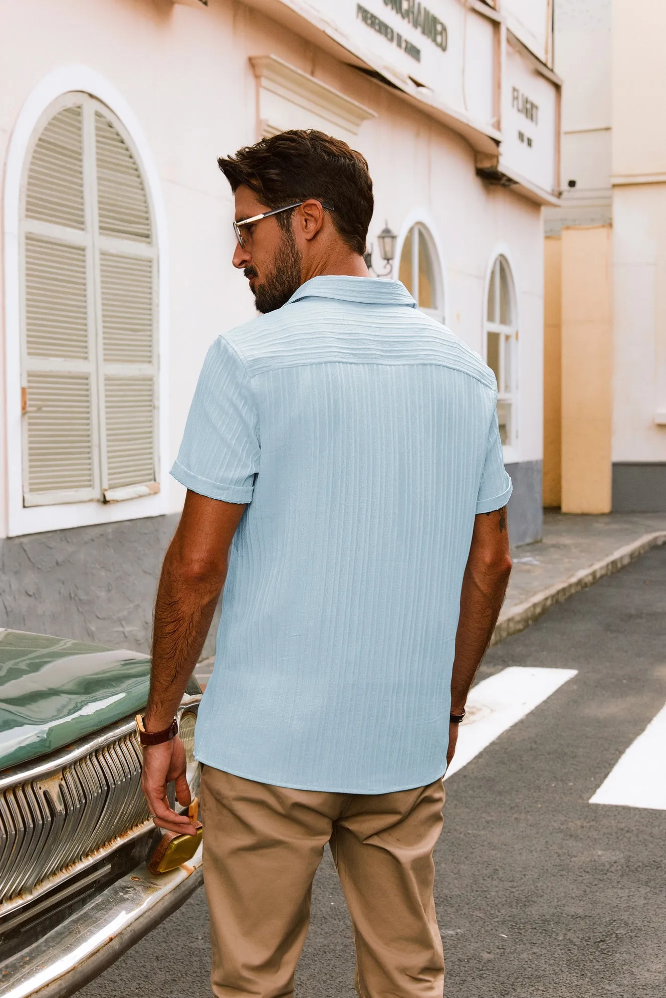 Men Straight Shirt Casual Short Sleeve Lapel Collar Button-up Tops