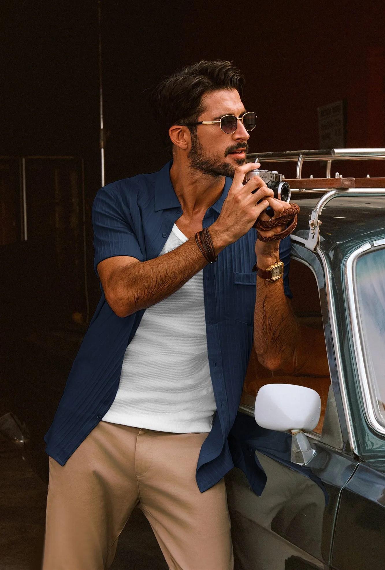 Men Straight Shirt Casual Short Sleeve Lapel Collar Button-up Tops