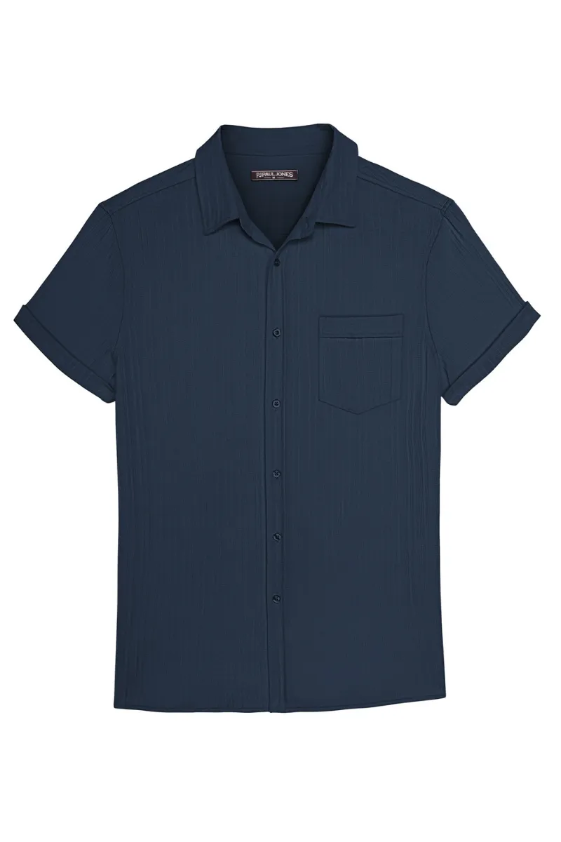 Men Straight Shirt Casual Short Sleeve Lapel Collar Button-up Tops
