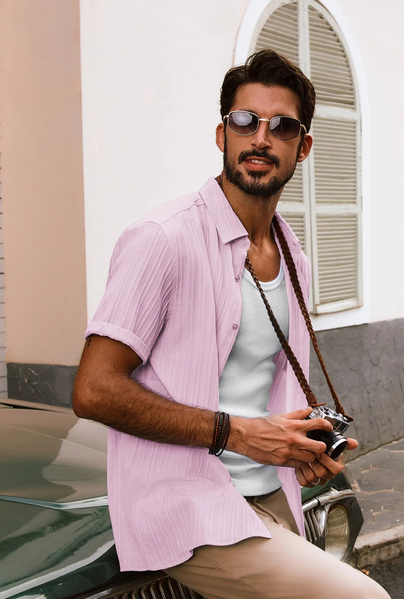 Men Straight Shirt Casual Short Sleeve Lapel Collar Button-up Tops