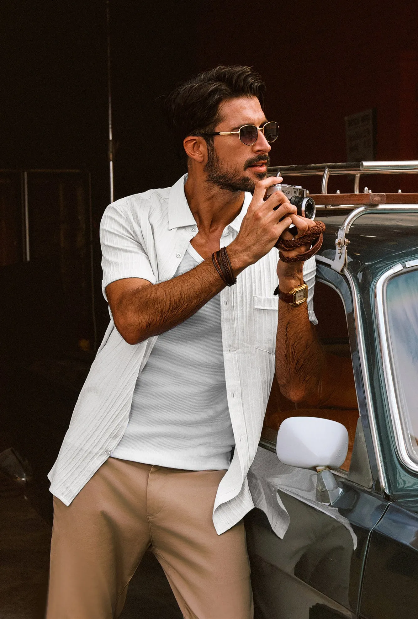 Men Straight Shirt Casual Short Sleeve Lapel Collar Button-up Tops
