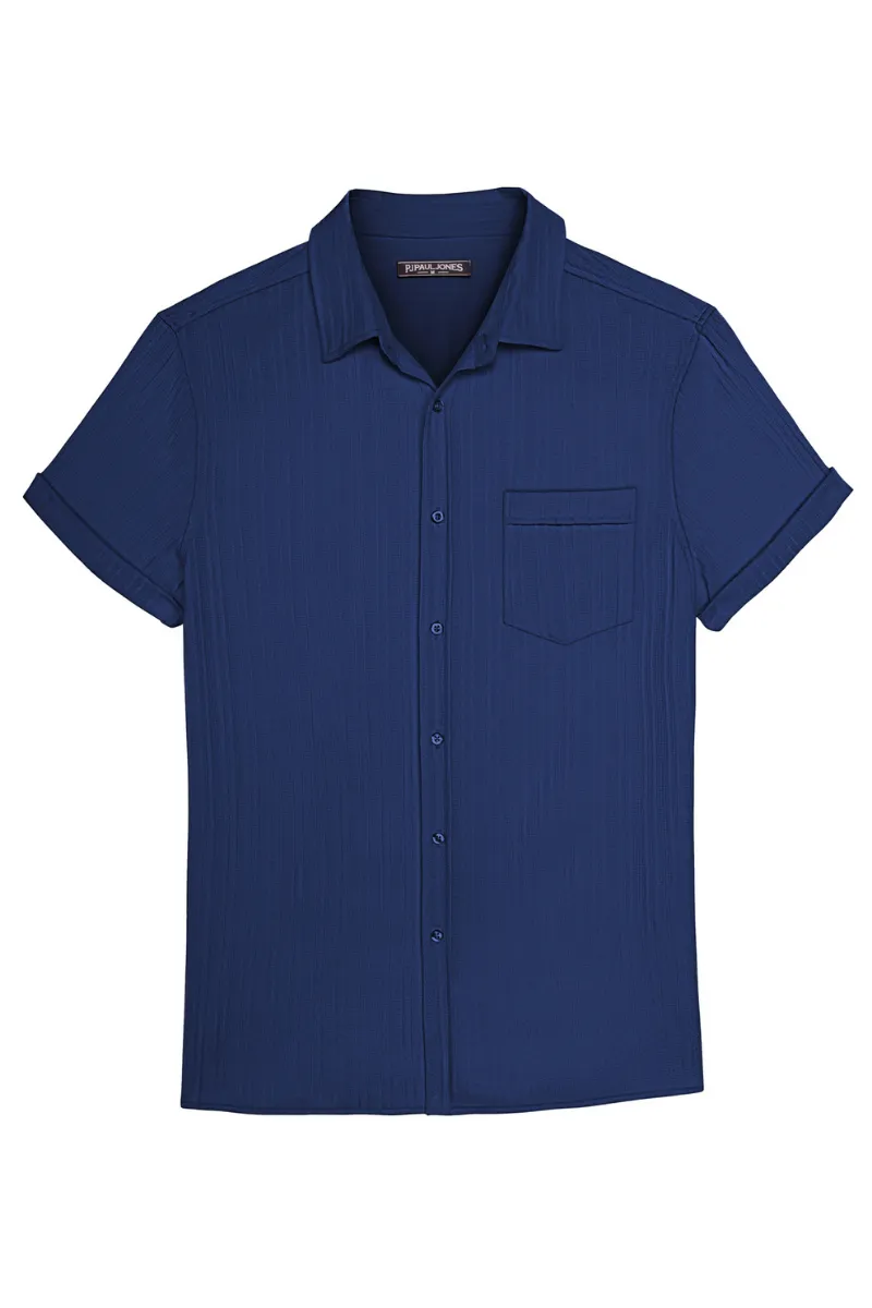 Men Straight Shirt Casual Short Sleeve Lapel Collar Button-up Tops