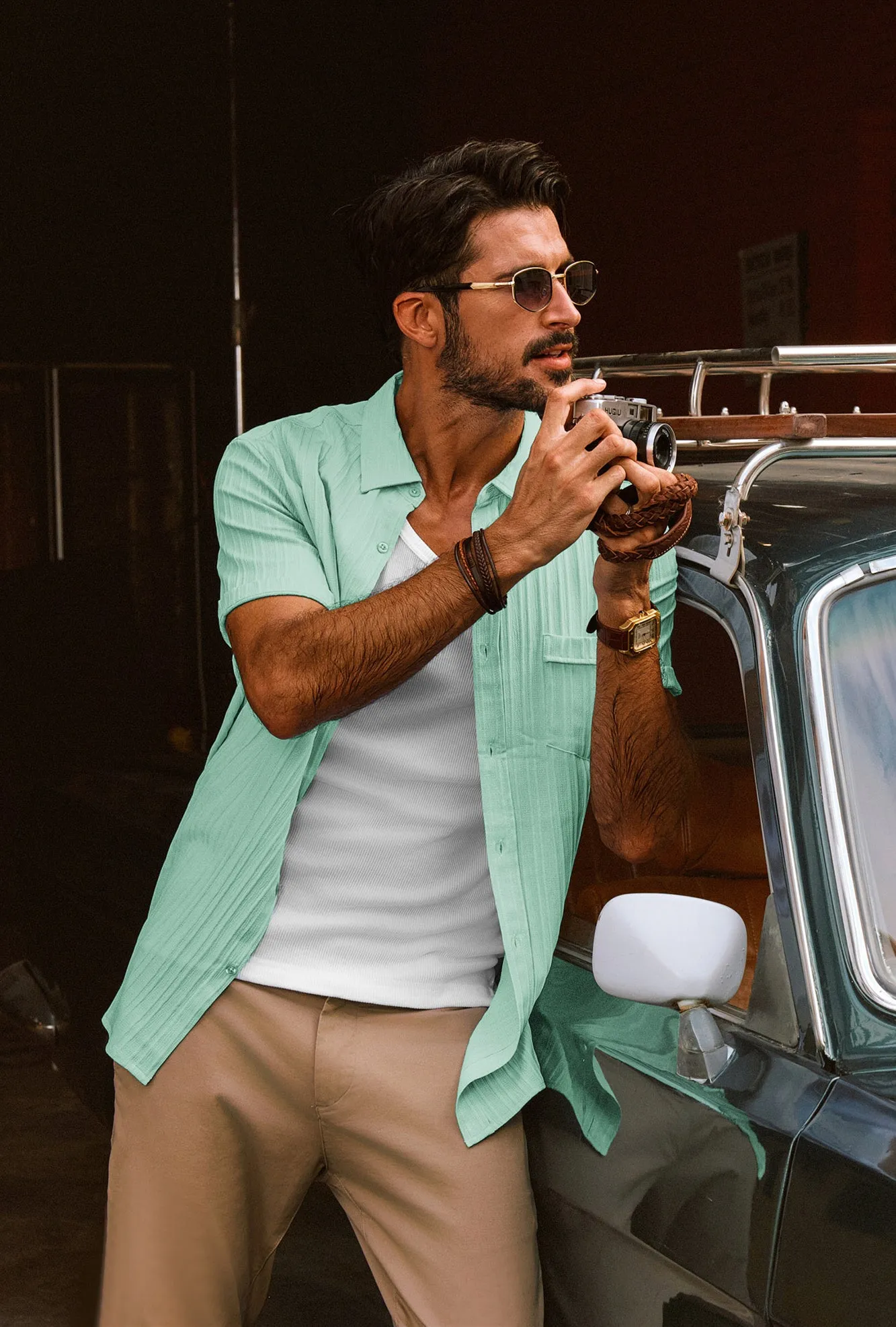 Men Straight Shirt Casual Short Sleeve Lapel Collar Button-up Tops
