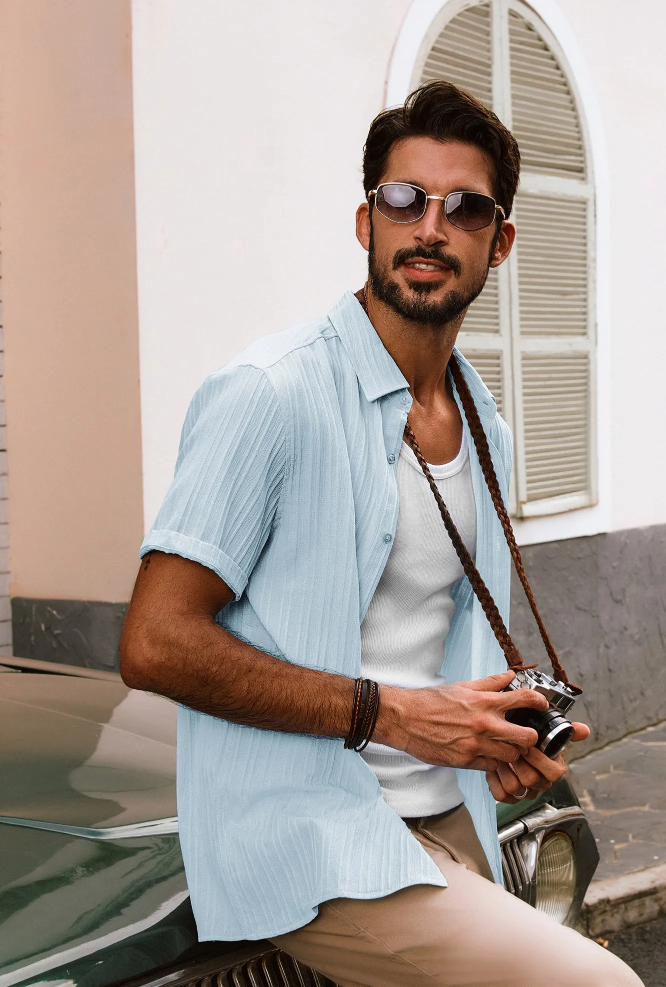Men Straight Shirt Casual Short Sleeve Lapel Collar Button-up Tops