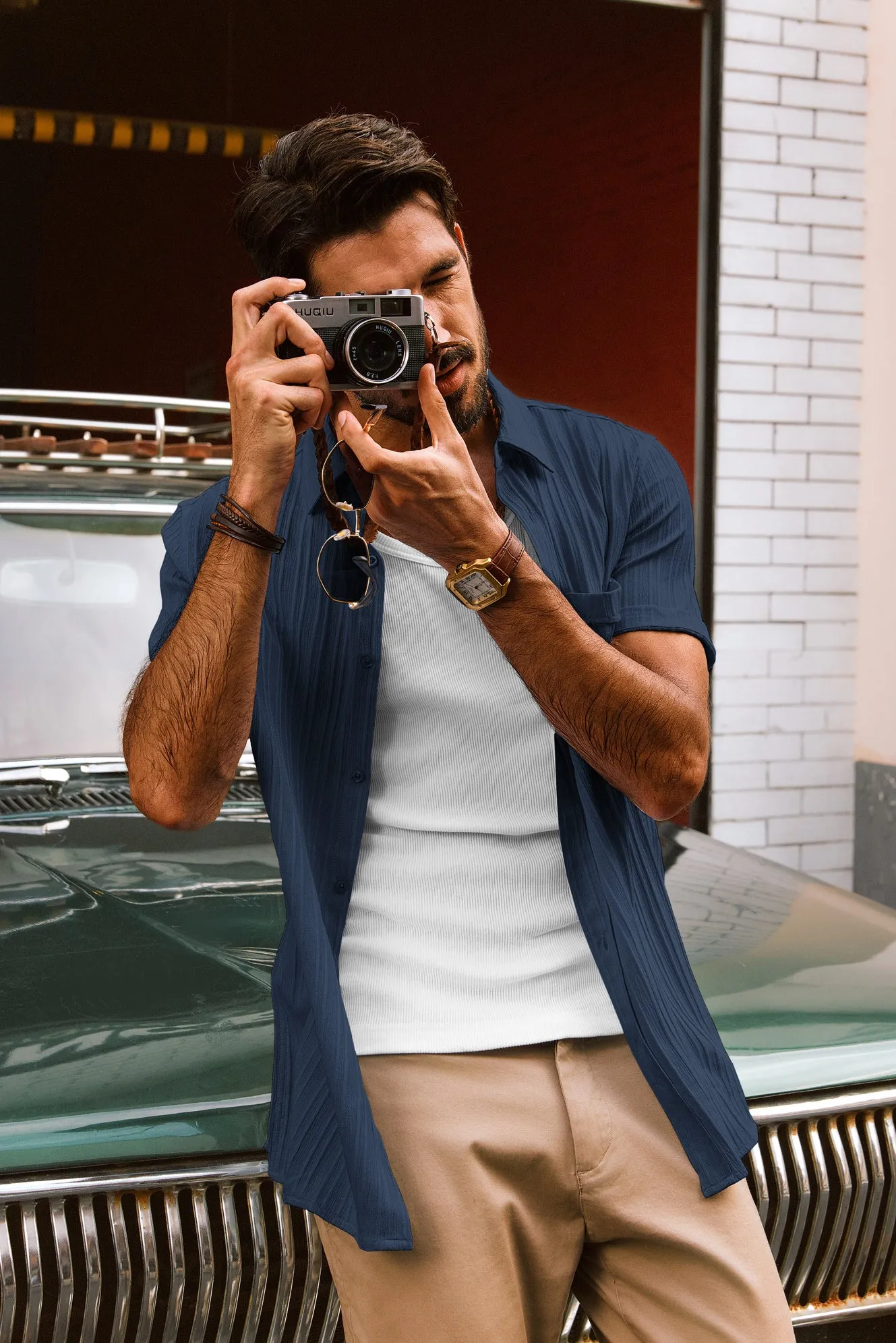 Men Straight Shirt Casual Short Sleeve Lapel Collar Button-up Tops