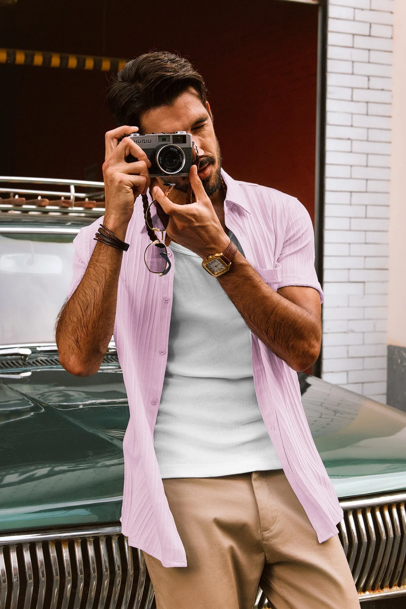 Men Straight Shirt Casual Short Sleeve Lapel Collar Button-up Tops