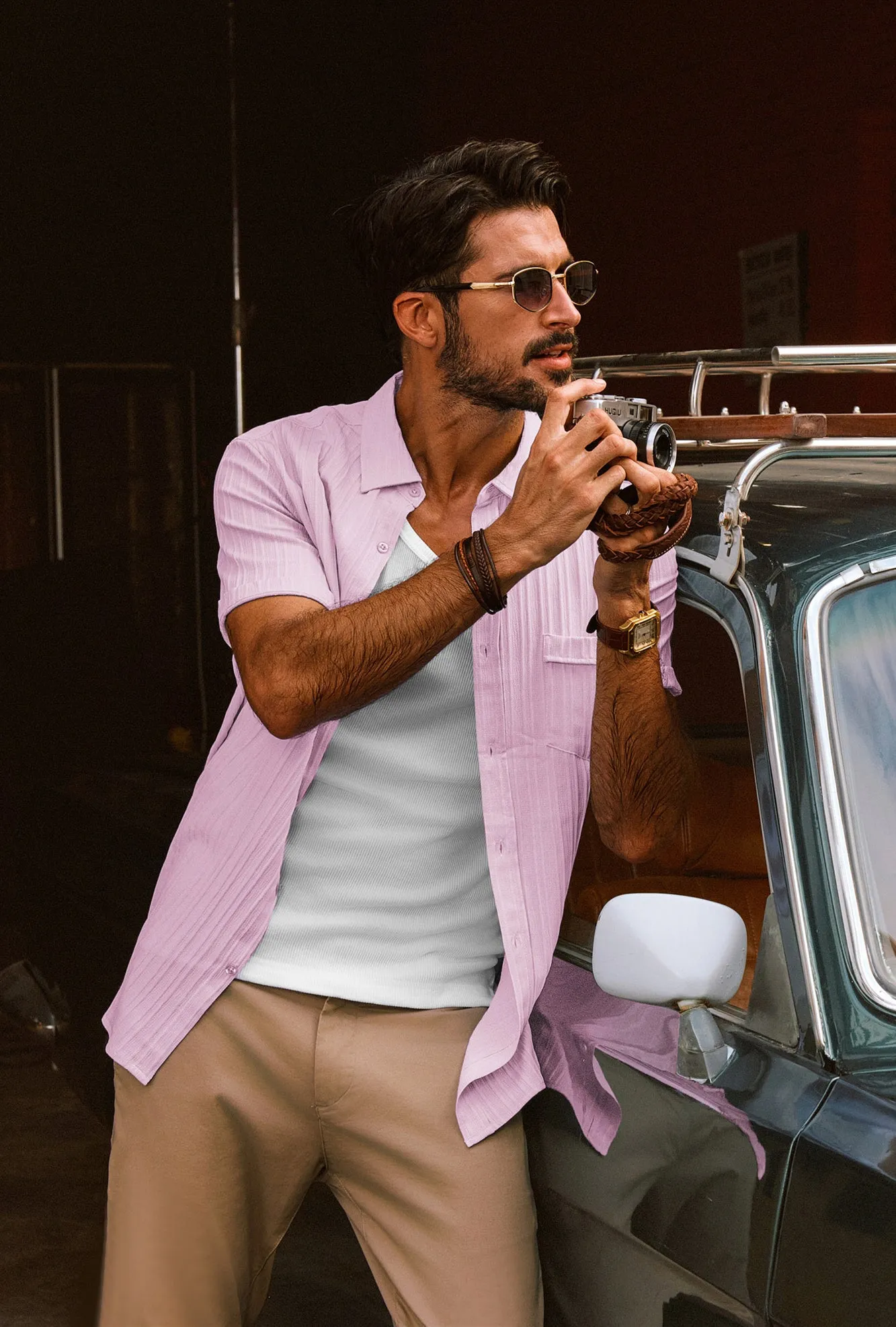Men Straight Shirt Casual Short Sleeve Lapel Collar Button-up Tops