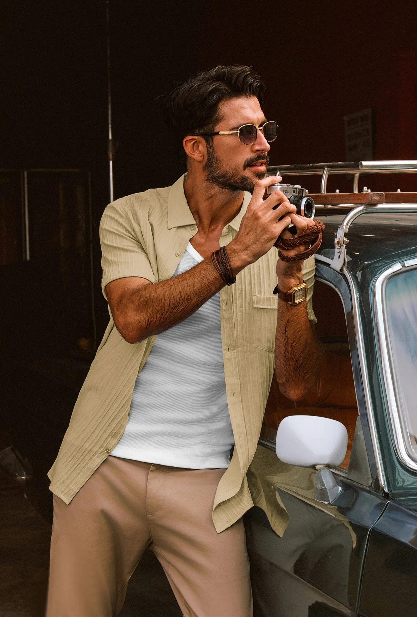Men Straight Shirt Casual Short Sleeve Lapel Collar Button-up Tops
