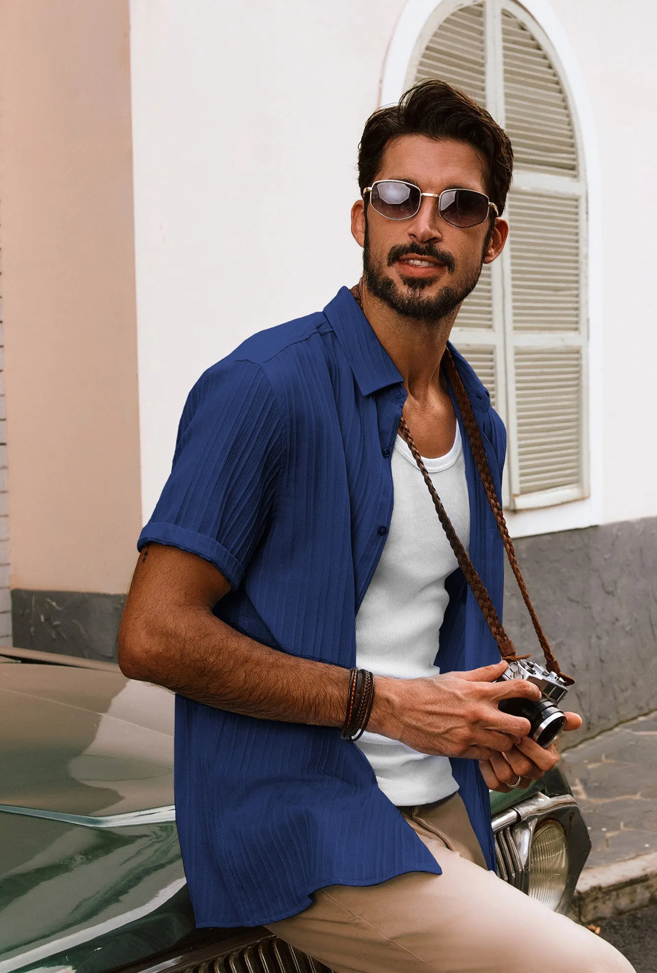 Men Straight Shirt Casual Short Sleeve Lapel Collar Button-up Tops