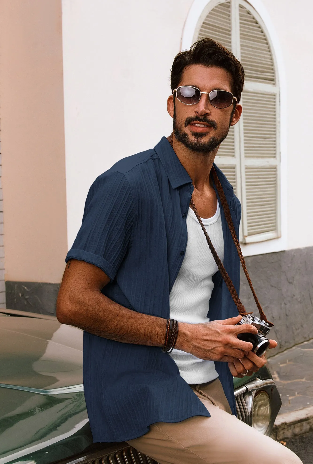 Men Straight Shirt Casual Short Sleeve Lapel Collar Button-up Tops