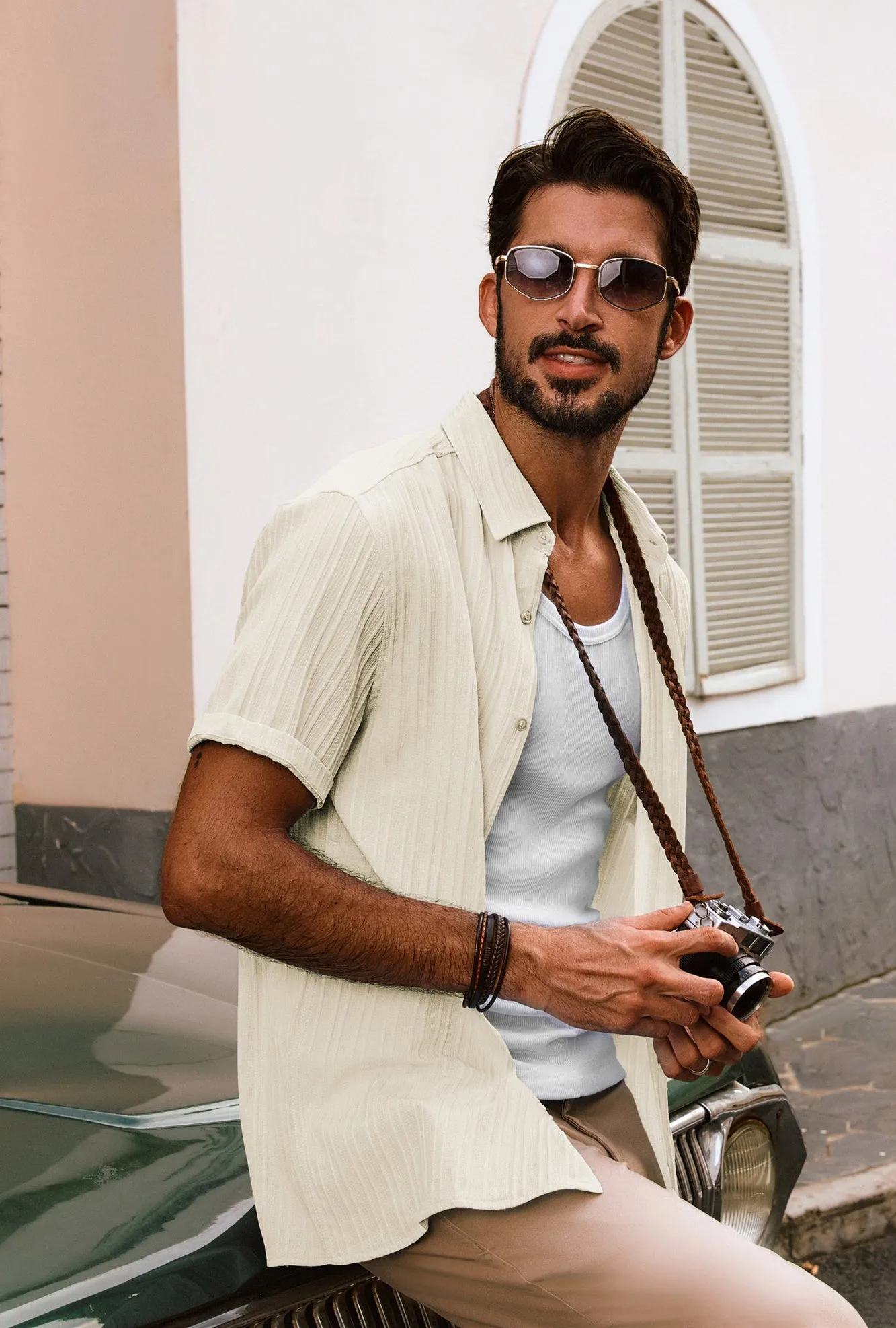 Men Straight Shirt Casual Short Sleeve Lapel Collar Button-up Tops