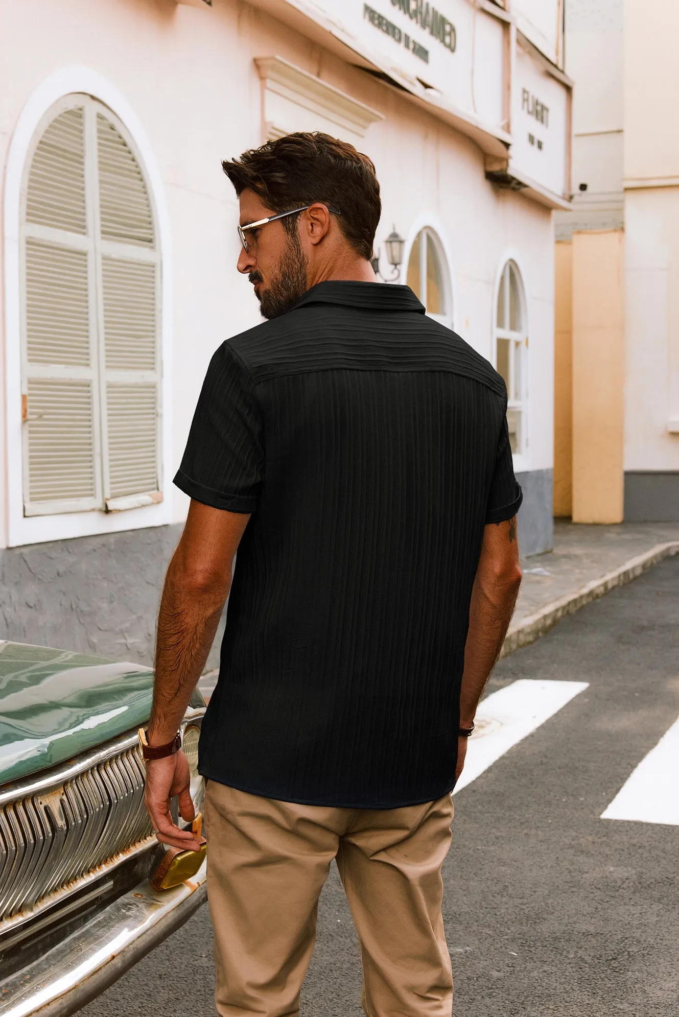 Men Straight Shirt Casual Short Sleeve Lapel Collar Button-up Tops