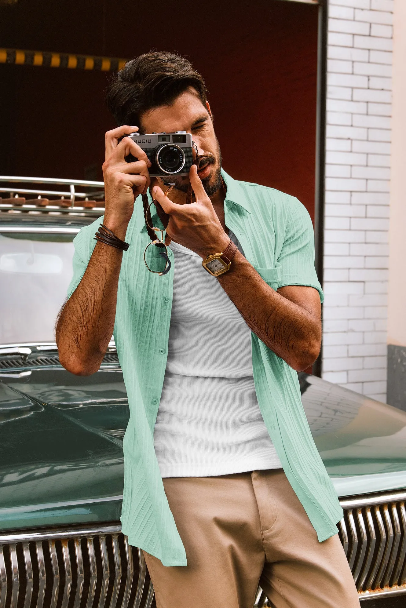Men Straight Shirt Casual Short Sleeve Lapel Collar Button-up Tops