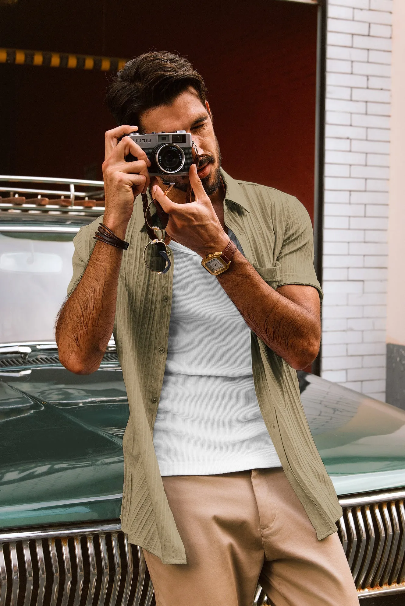 Men Straight Shirt Casual Short Sleeve Lapel Collar Button-up Tops