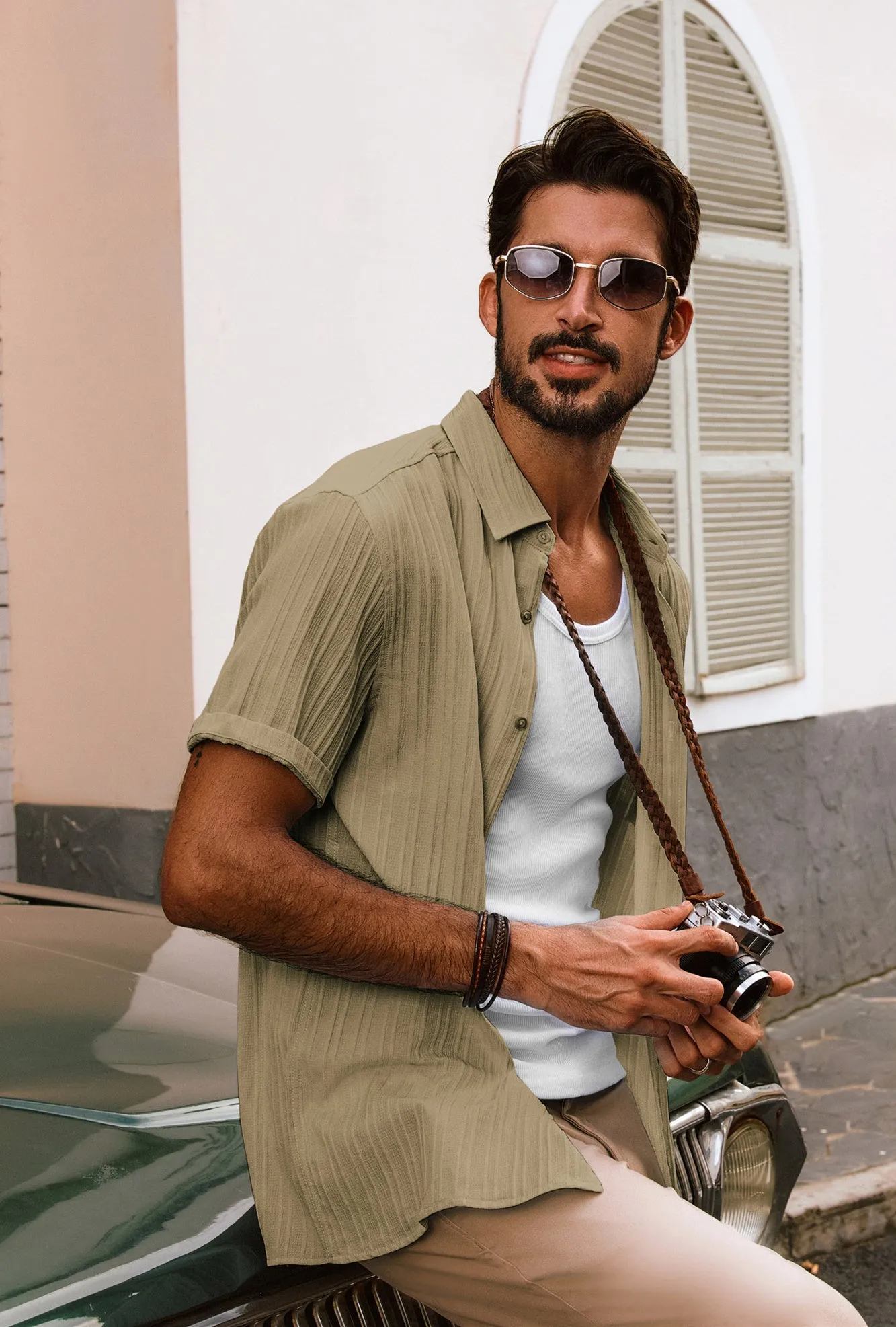 Men Straight Shirt Casual Short Sleeve Lapel Collar Button-up Tops