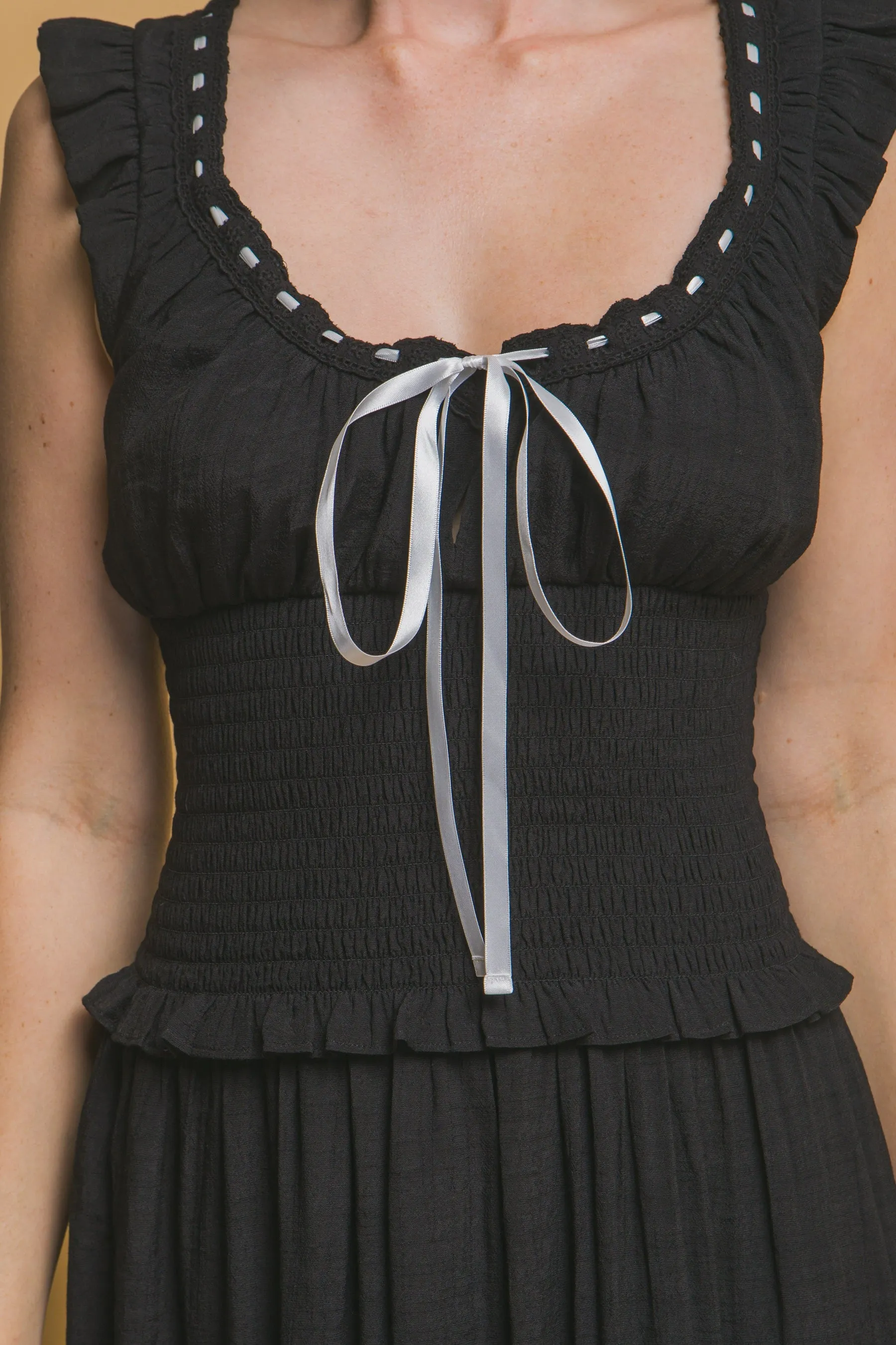 Midnight Ribbon Trim Coquette Midi Dress (Black)