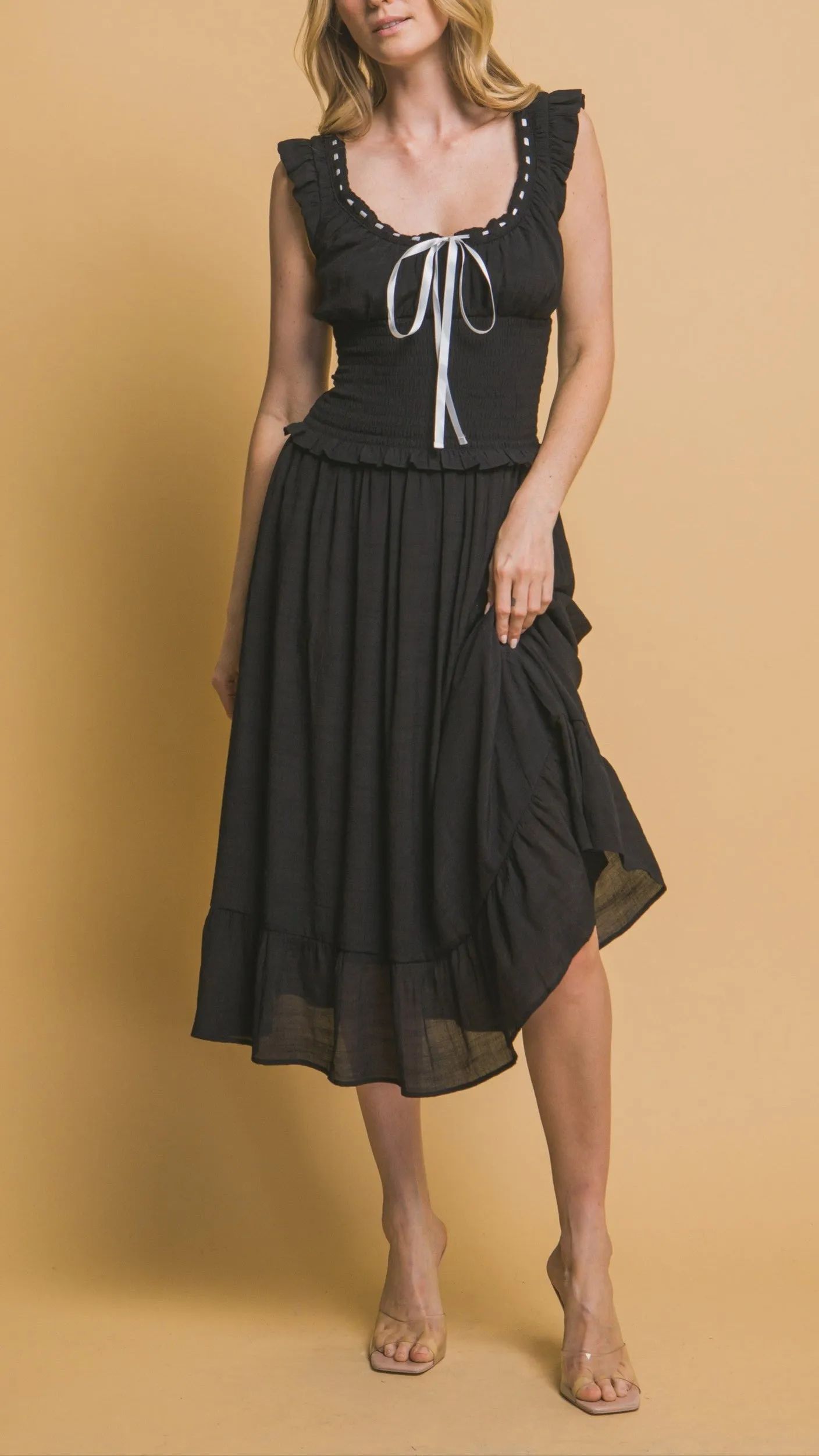 Midnight Ribbon Trim Coquette Midi Dress (Black)