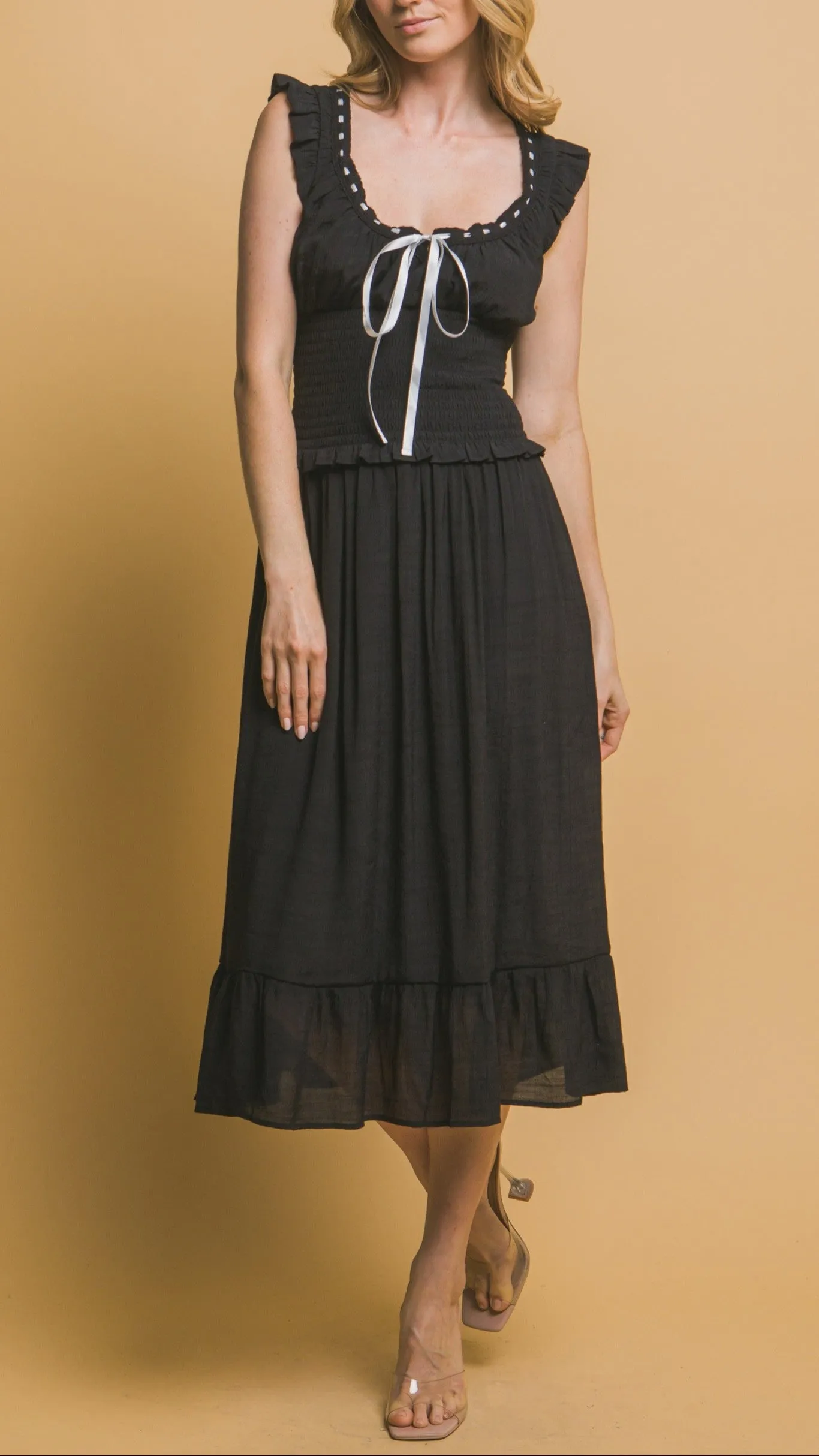 Midnight Ribbon Trim Coquette Midi Dress (Black)