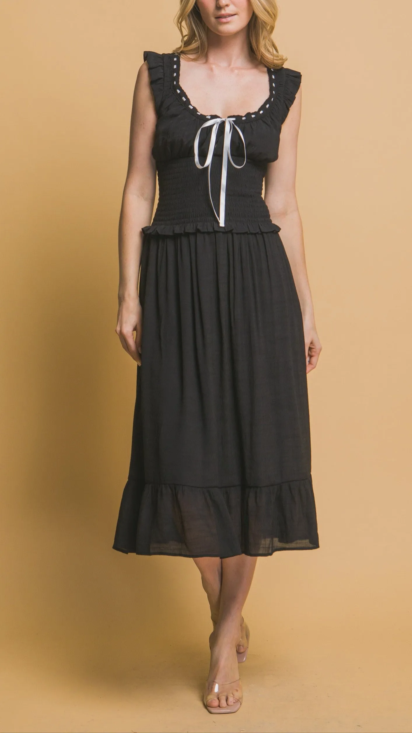 Midnight Ribbon Trim Coquette Midi Dress (Black)