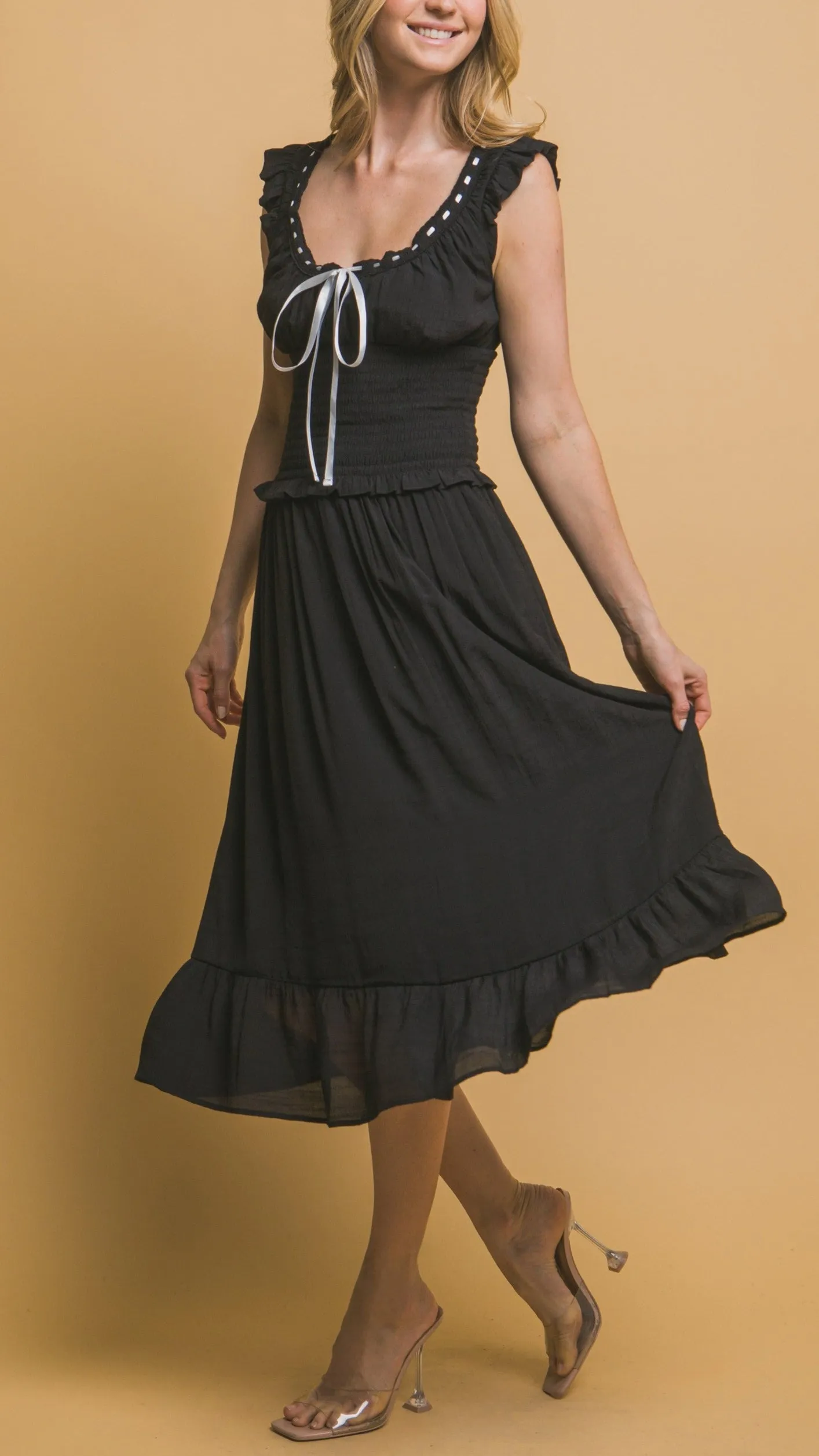 Midnight Ribbon Trim Coquette Midi Dress (Black)
