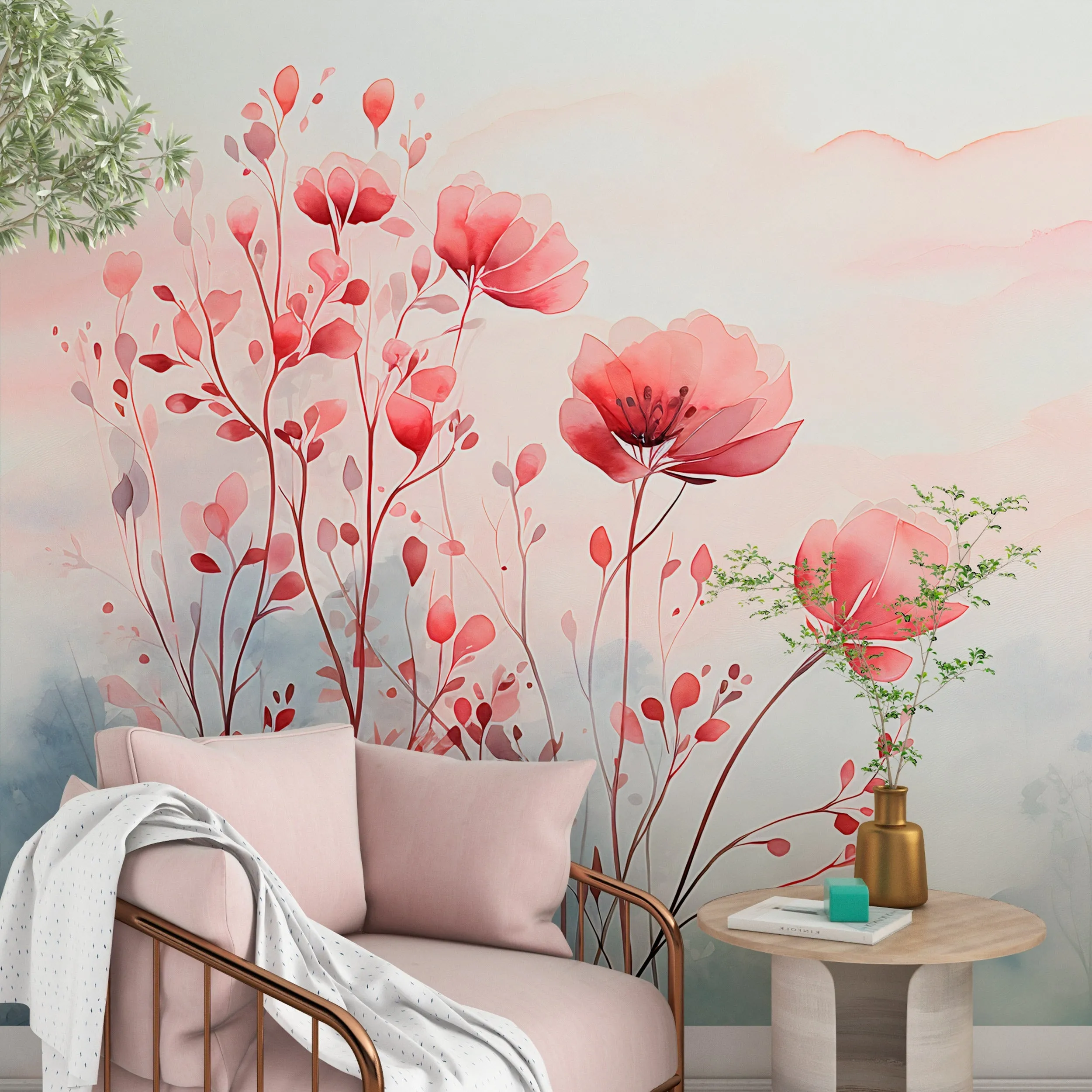 Minimalist Red Flower Mural