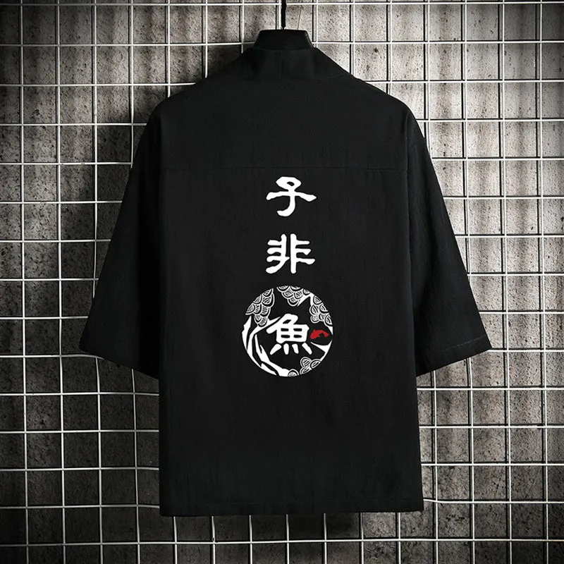 Modern White and black Kanji Haori Jacket – Stylish Japanese Kimono Cardigan