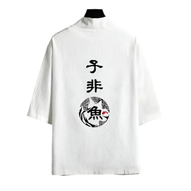 Modern White and black Kanji Haori Jacket – Stylish Japanese Kimono Cardigan