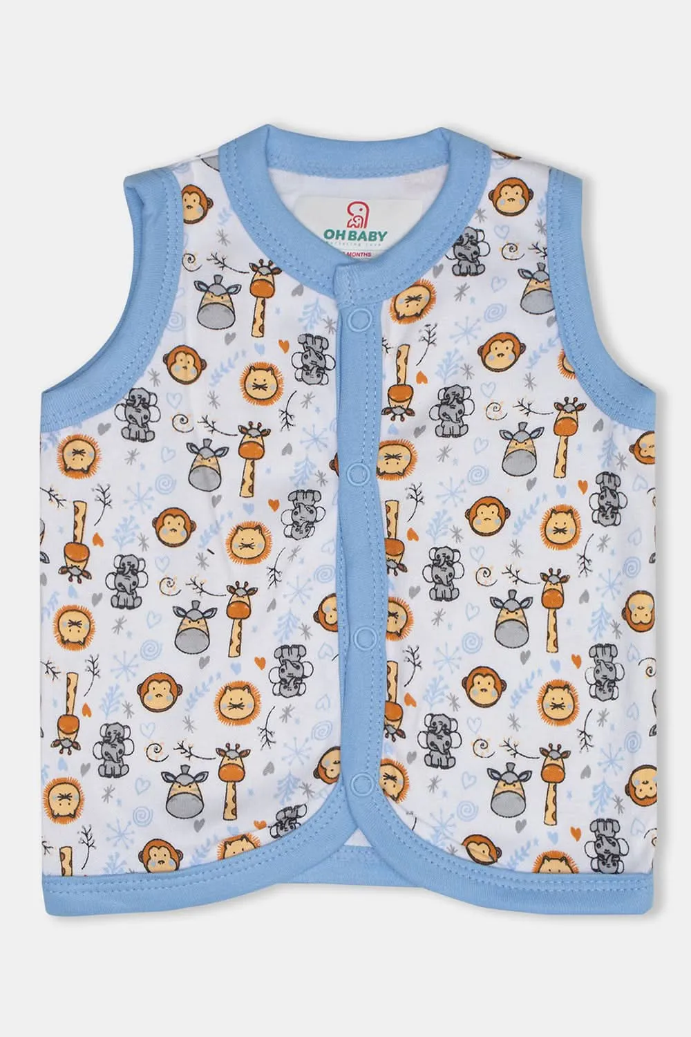 Oh Baby Cotton Interlock Knit Animal Print Sleeeveless T-Shirt Pack Of - 2 - Sky Blue & Assorted - Ts04