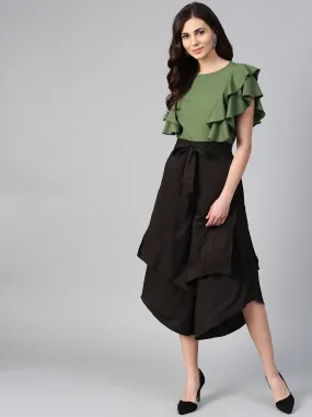 Olive Princess Ruffle Sleeveless Top & Black Layered Trouser Set (Sku-BLMG7822)