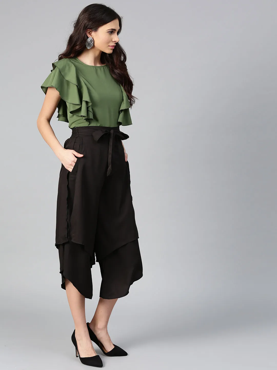 Olive Princess Ruffle Sleeveless Top & Black Layered Trouser Set (Sku-BLMG7822)