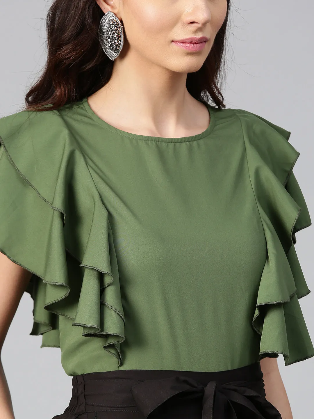 Olive Princess Ruffle Sleeveless Top & Black Layered Trouser Set (Sku-BLMG7822)
