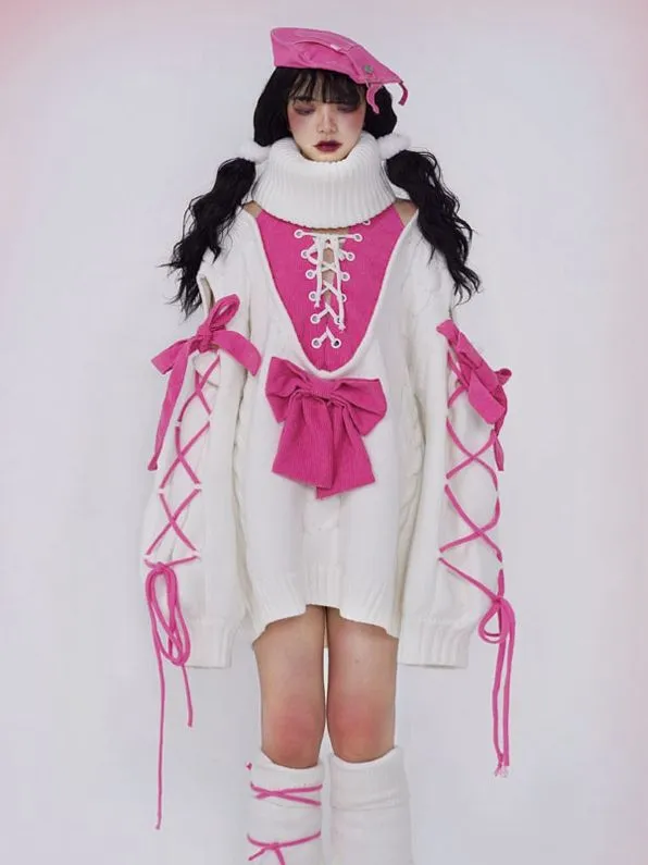 Pink Bowknot White Turtle Neck Sweater