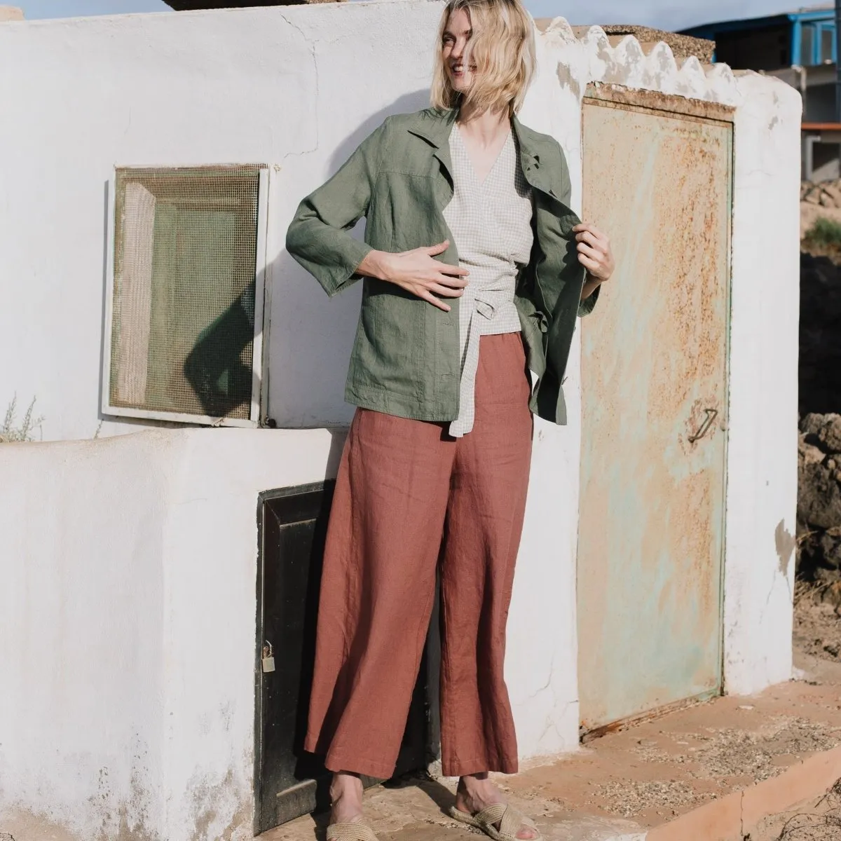 R: Maxi WELS wide leg linen pants (Size: M; Color: Natural/White Gingham)