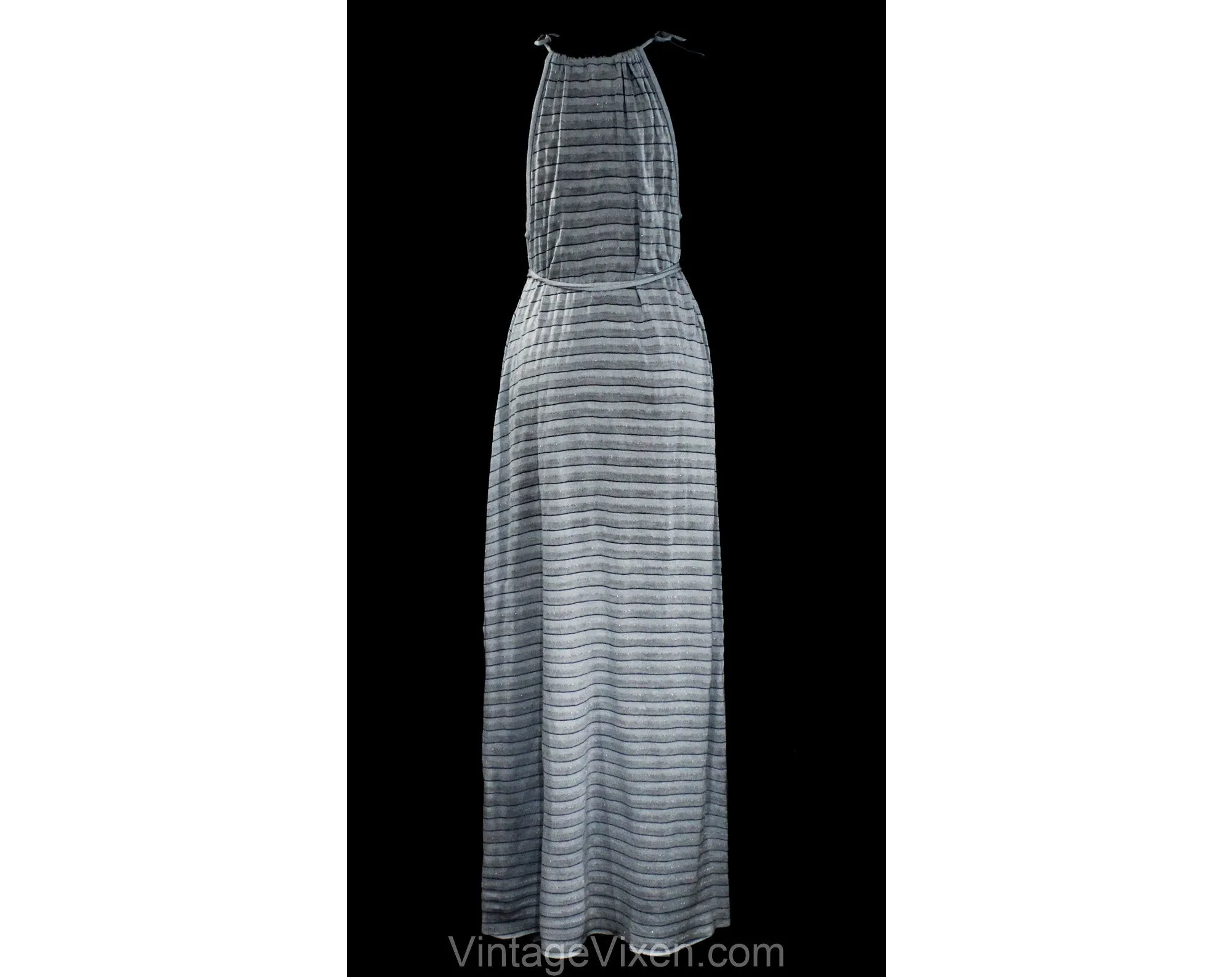 Size 10 Blue Summer Dress & Cardigan - 1970s Soft Striped Jersey Knit Sleeveless Sun Dress - 70s Long Maxi with Open Front Jacket - Bust 36