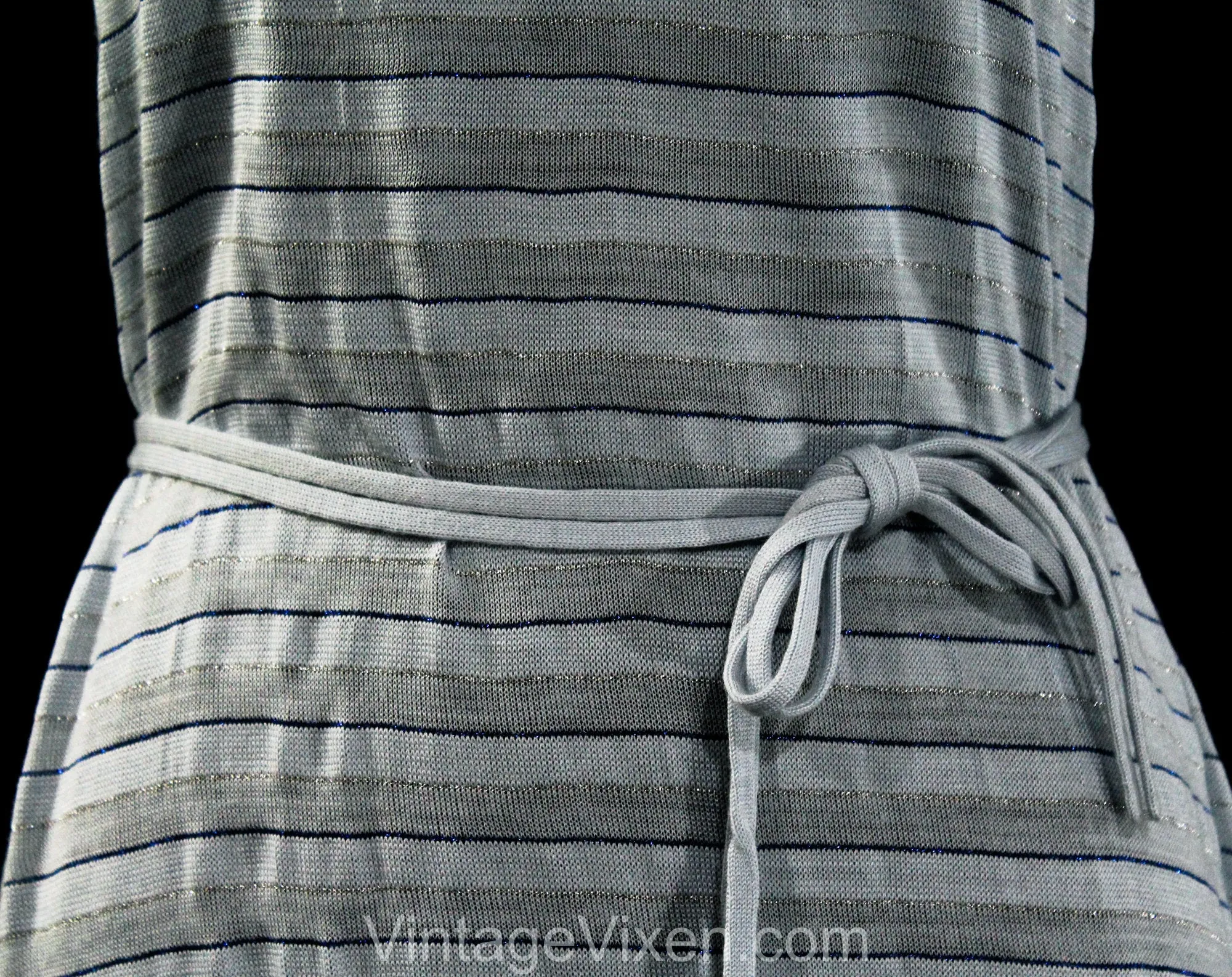 Size 10 Blue Summer Dress & Cardigan - 1970s Soft Striped Jersey Knit Sleeveless Sun Dress - 70s Long Maxi with Open Front Jacket - Bust 36