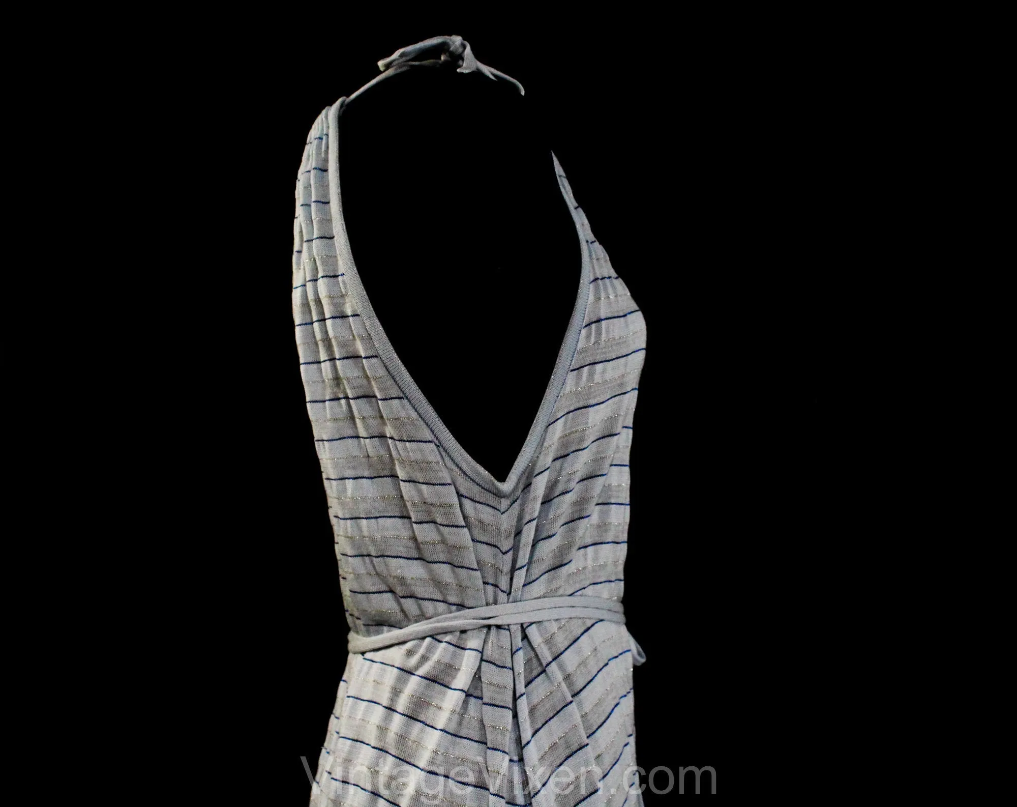 Size 10 Blue Summer Dress & Cardigan - 1970s Soft Striped Jersey Knit Sleeveless Sun Dress - 70s Long Maxi with Open Front Jacket - Bust 36