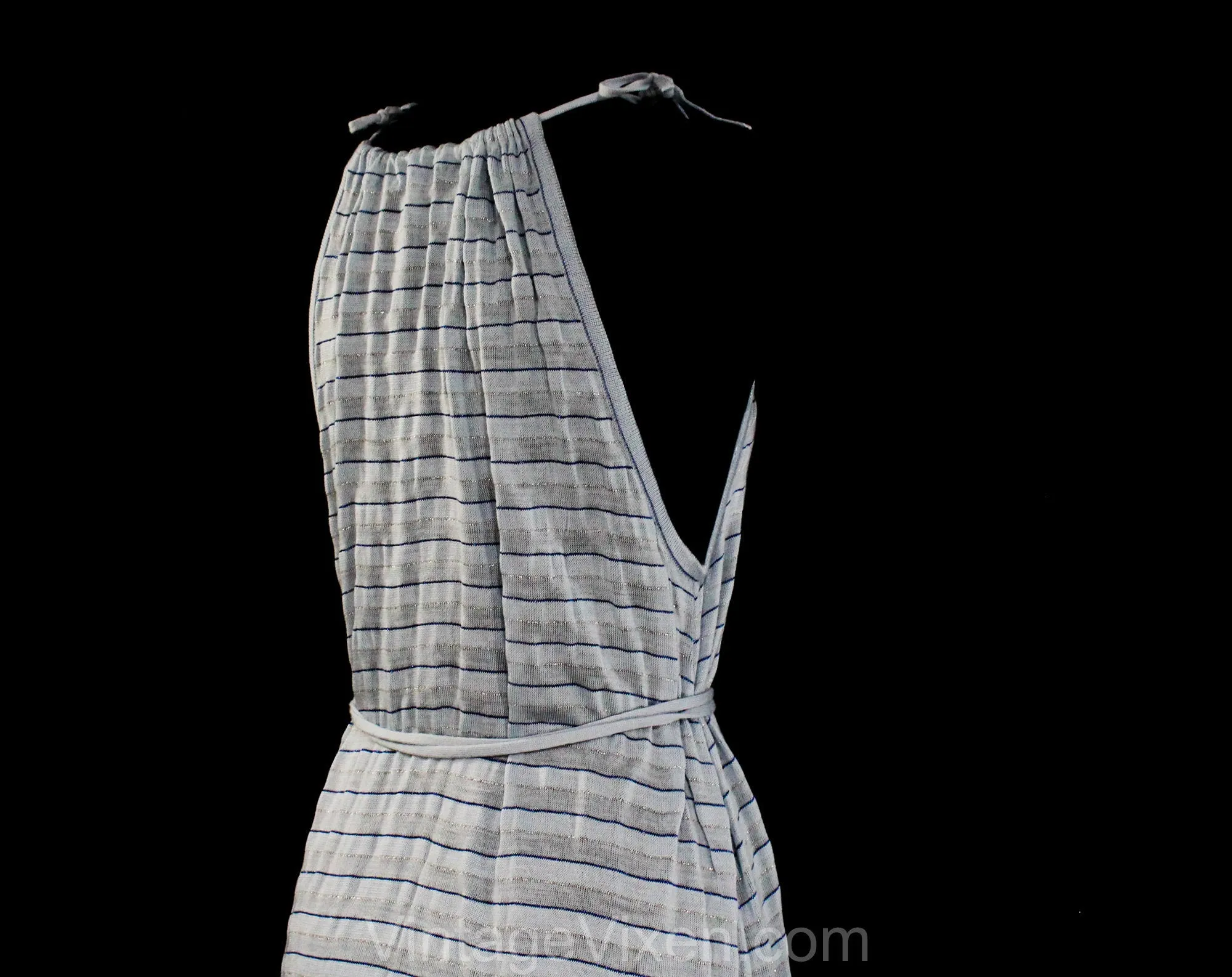 Size 10 Blue Summer Dress & Cardigan - 1970s Soft Striped Jersey Knit Sleeveless Sun Dress - 70s Long Maxi with Open Front Jacket - Bust 36