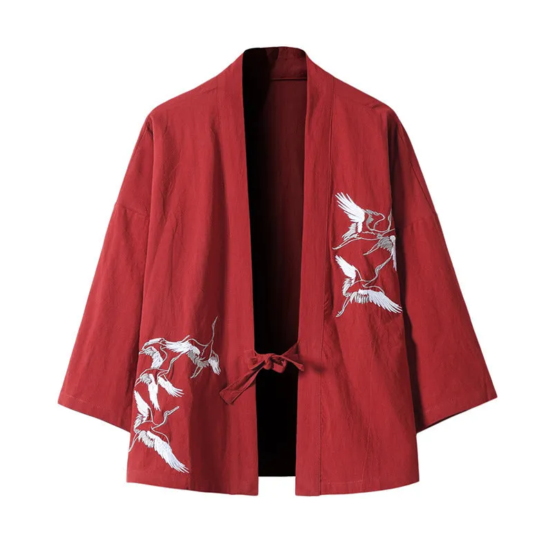 Streetwear Black Kimono Jacket with White Crane Design