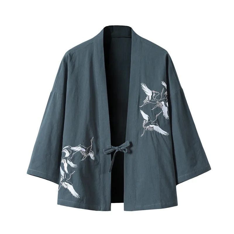 Streetwear Black Kimono Jacket with White Crane Design