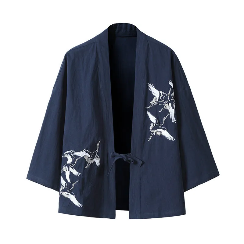 Streetwear Black Kimono Jacket with White Crane Design