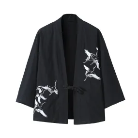 Streetwear Black Kimono Jacket with White Crane Design