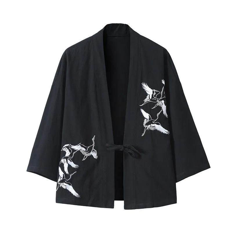 Streetwear Black Kimono Jacket with White Crane Design