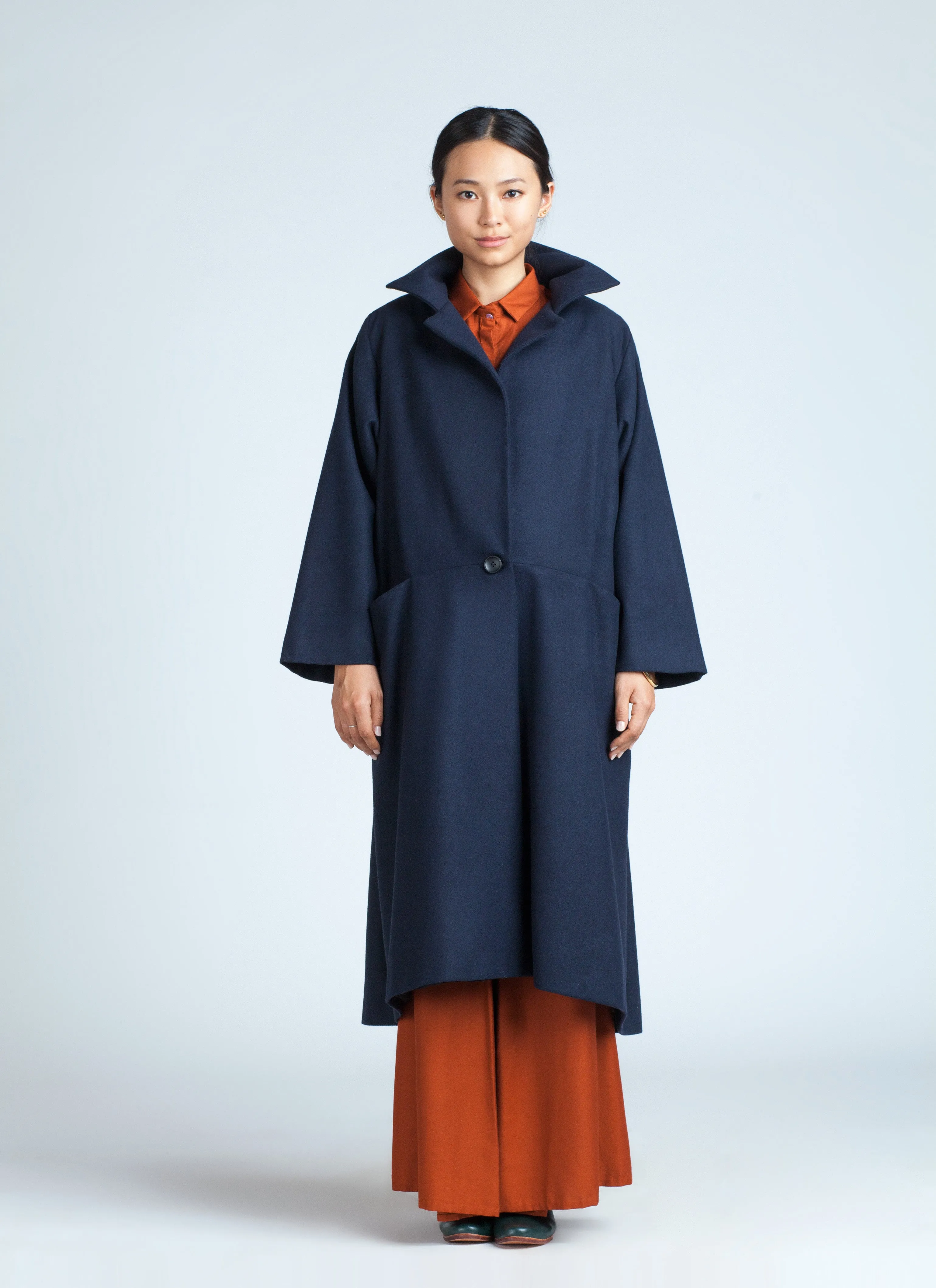 Trio One-Button Side Pleated Overcoat - Dark Blue