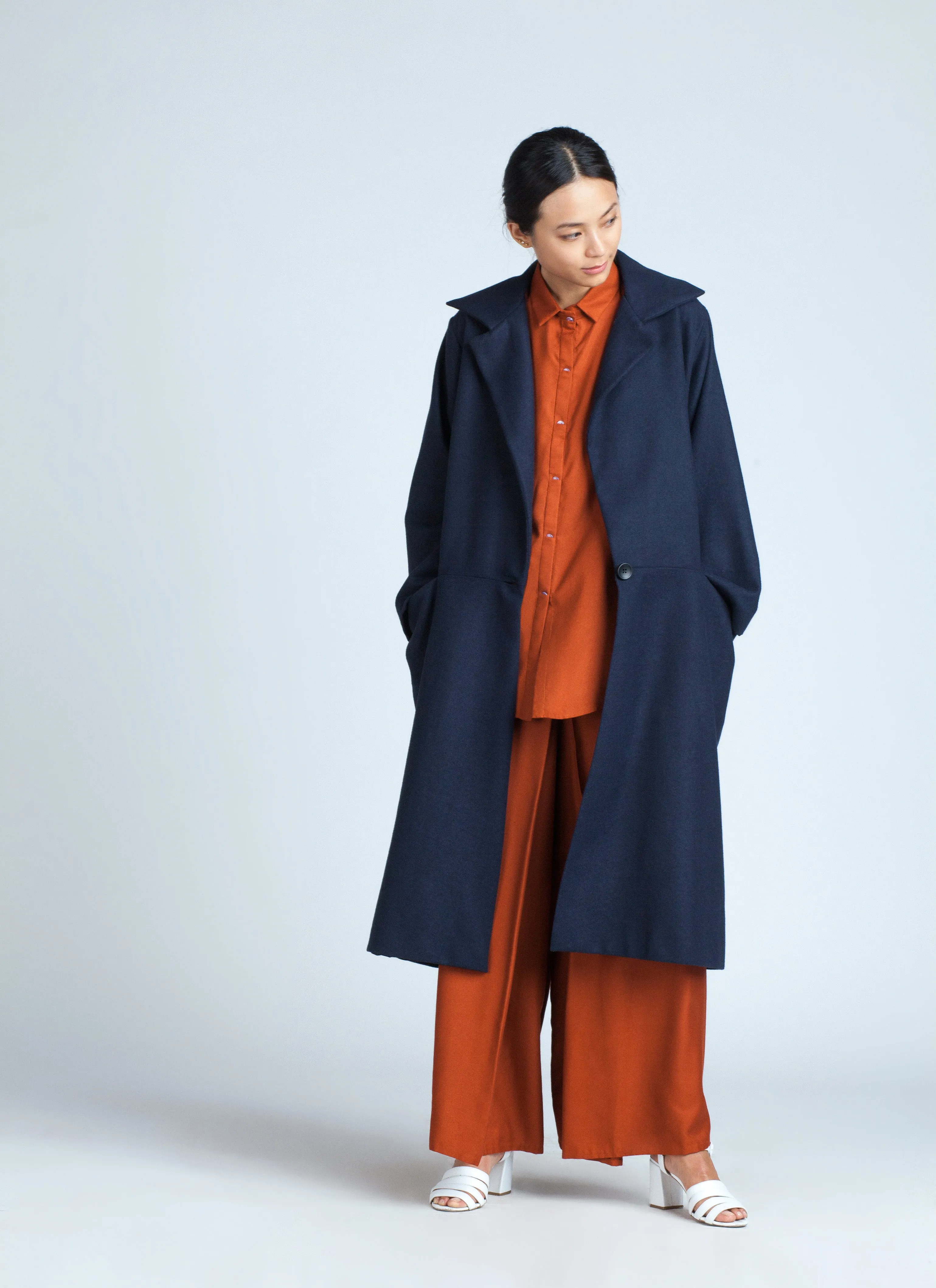Trio One-Button Side Pleated Overcoat - Dark Blue