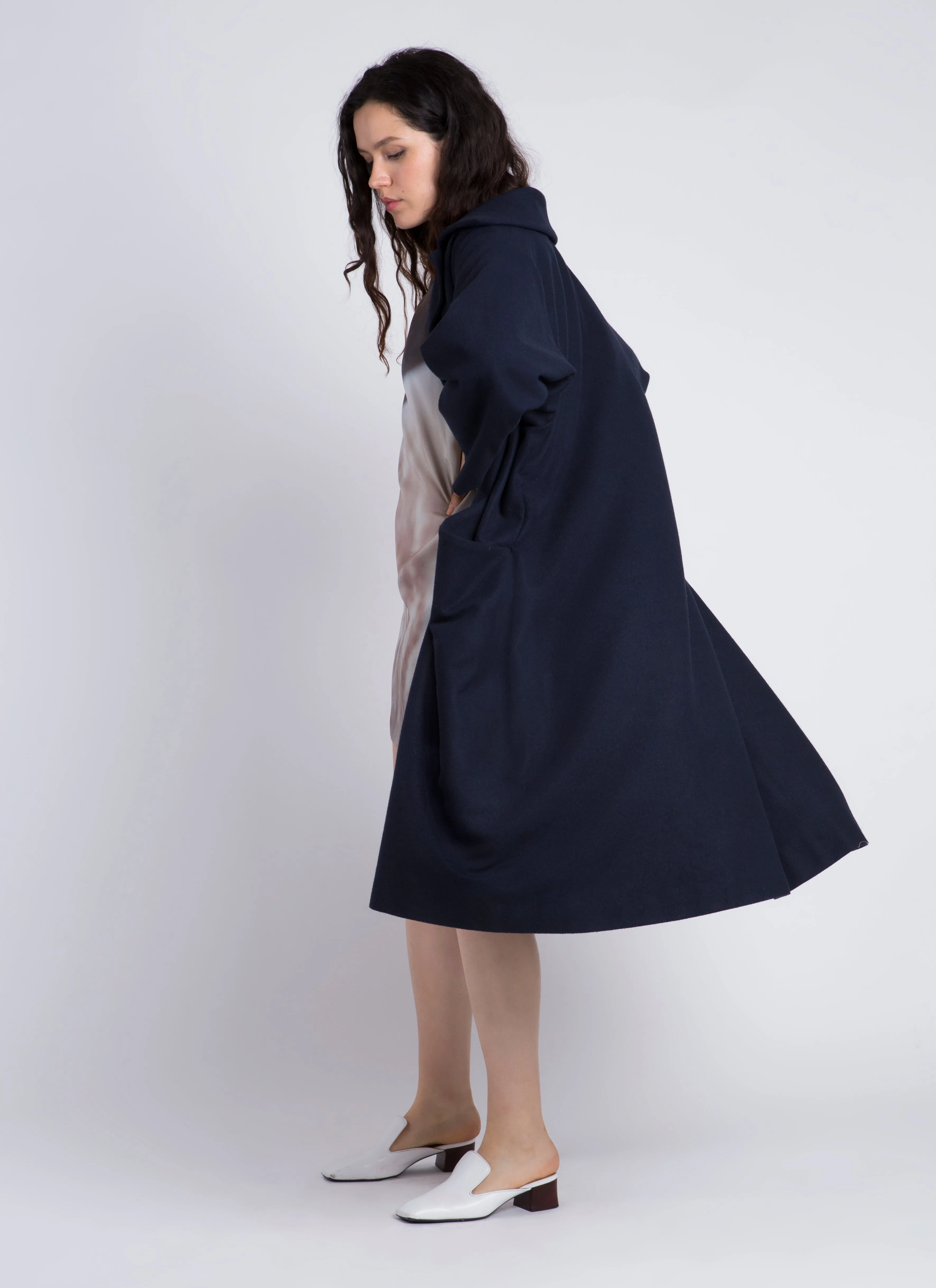 Trio One-Button Side Pleated Overcoat - Dark Blue