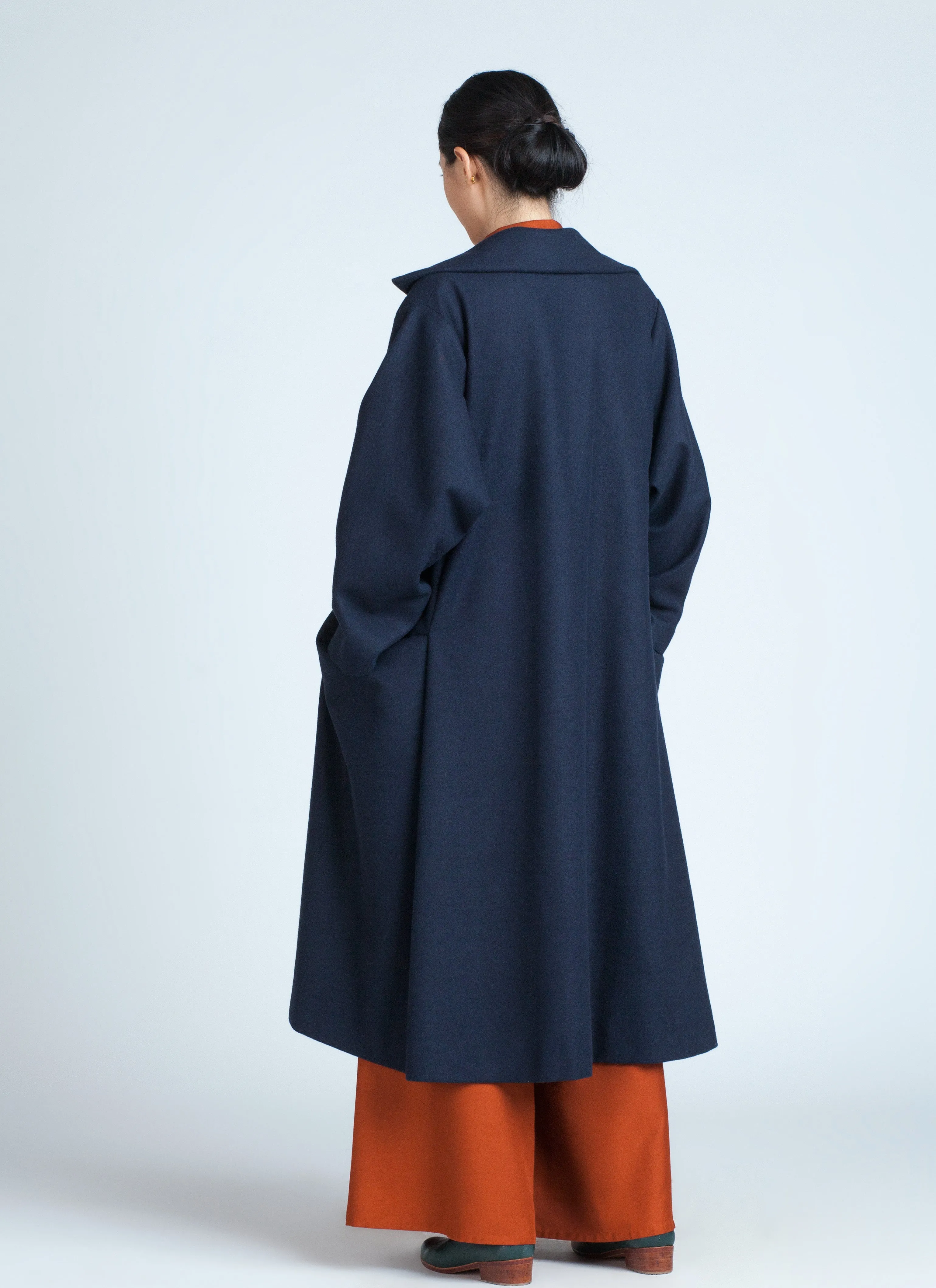 Trio One-Button Side Pleated Overcoat - Dark Blue