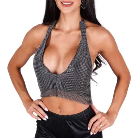 Western Fashion Rhinestone Mesh Plunging Halter Crop Top