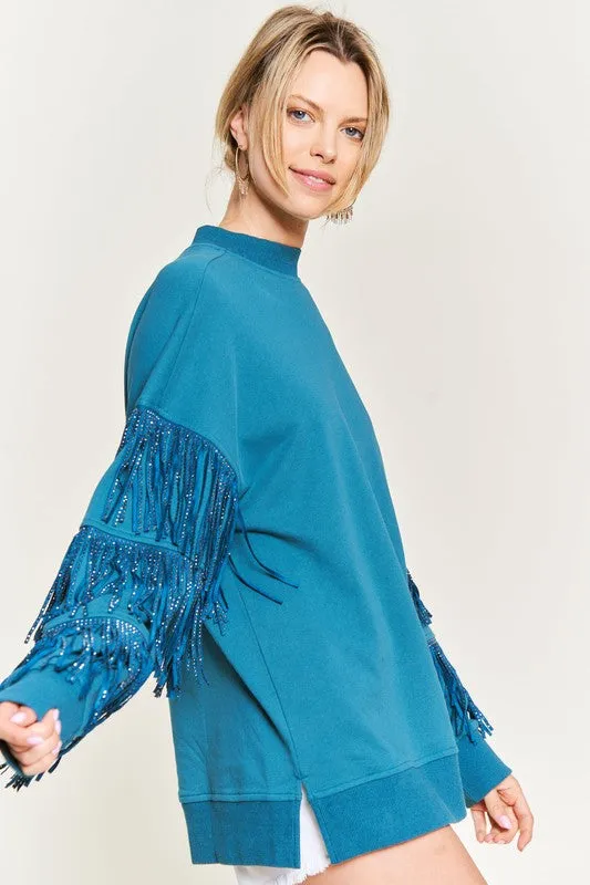 Western-Inspired Oversized Pullover with Suede Fringe and Stud Trim