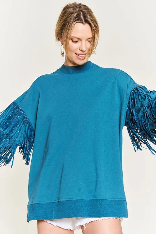 Western-Inspired Oversized Pullover with Suede Fringe and Stud Trim