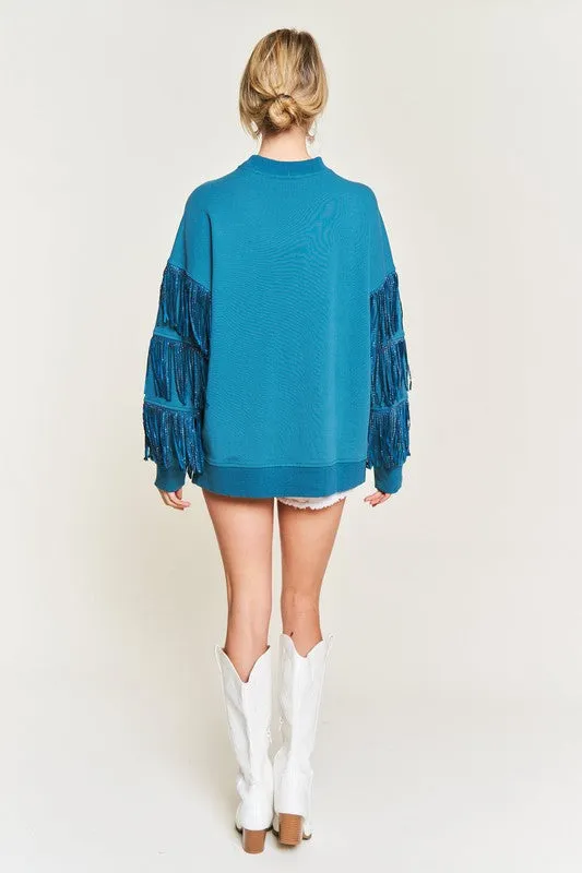 Western-Inspired Oversized Pullover with Suede Fringe and Stud Trim